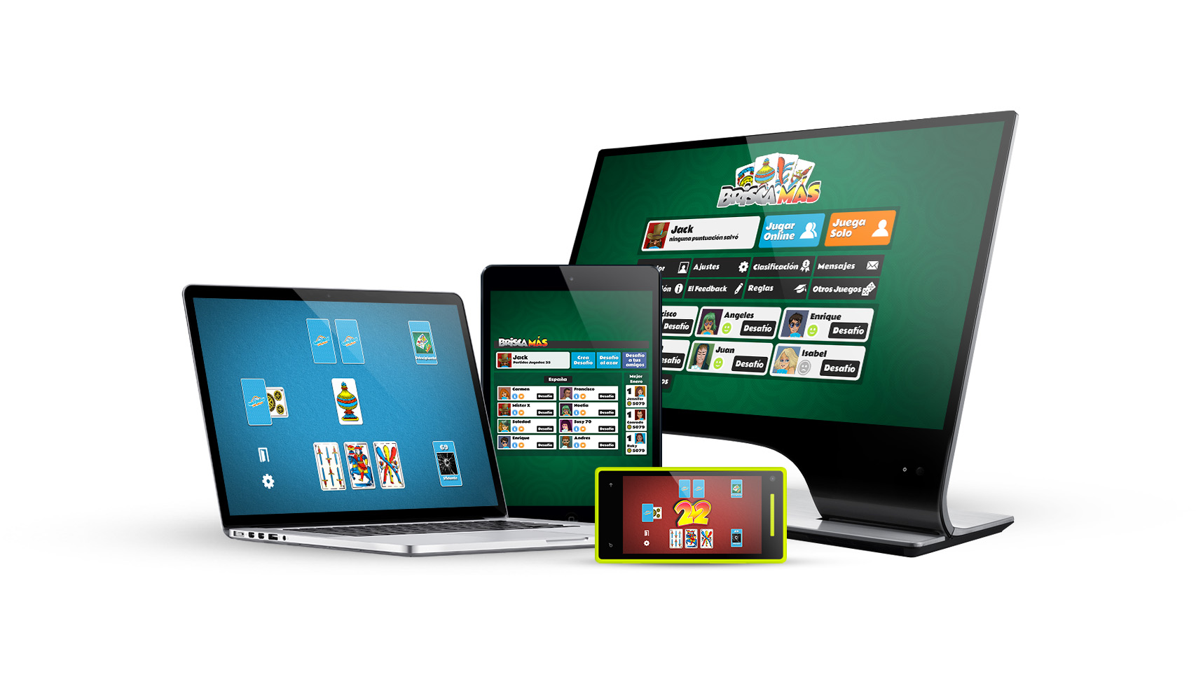 Imagen que muestra todos los dispositivos donde se puede jugar a Brisca Más (un teléfono móvil, una tableta, una computadora portátil y un ordenador), mostrando todos el juego de Brisca Más en las pantallas. 